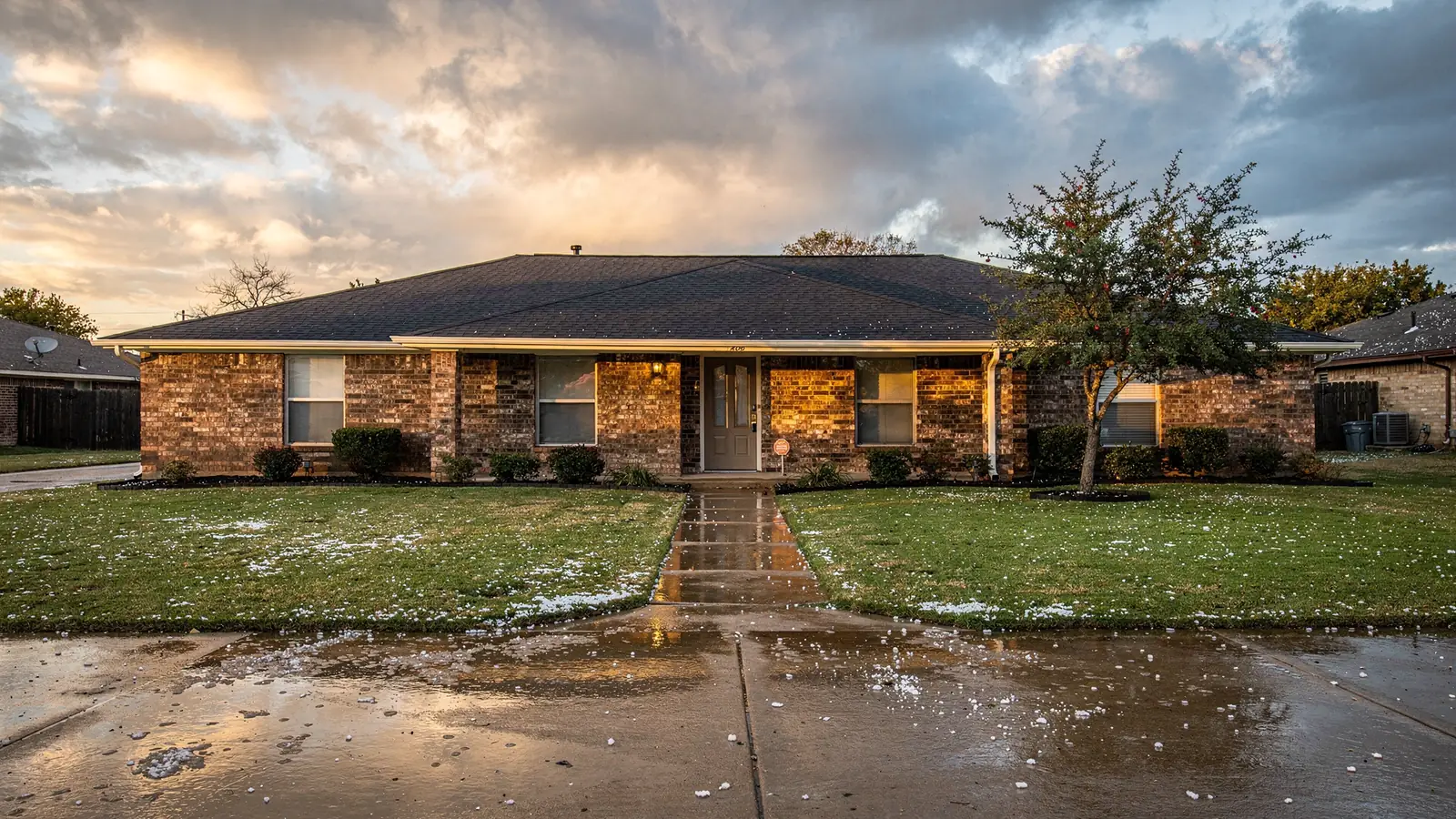 A brick ranch house with a low pitched grey shingle roof under a clearing central Texas storm, a live oak beside it and open pasture behind.